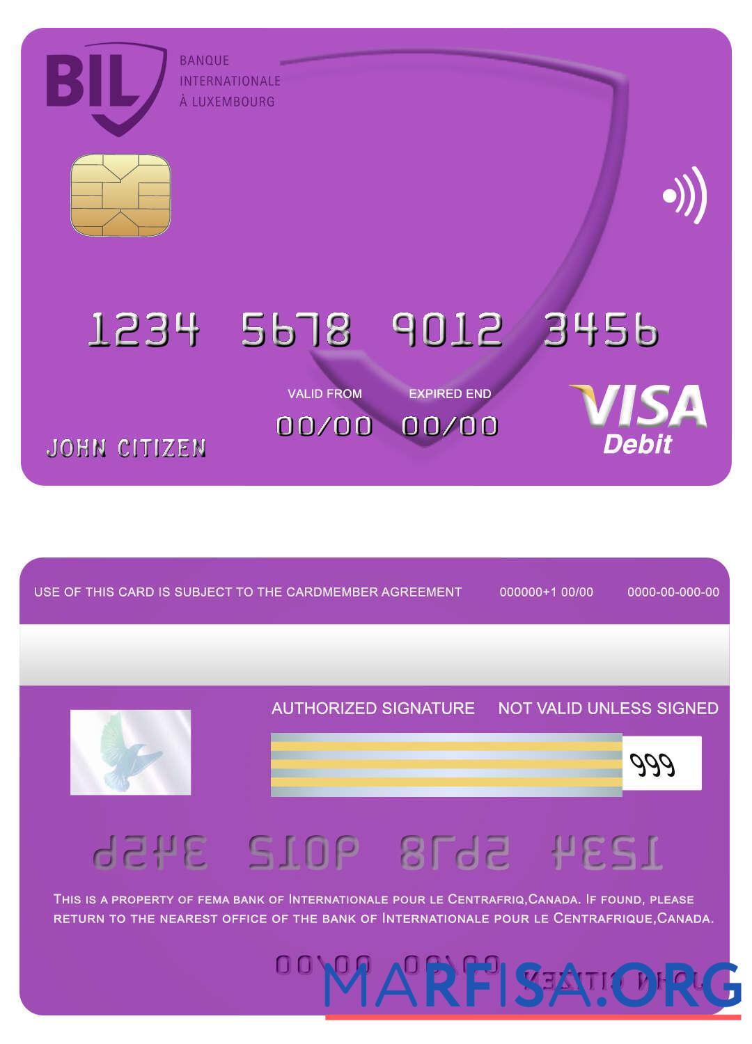 Blank Canada Internationale pour le Centrafrique bank visa card example